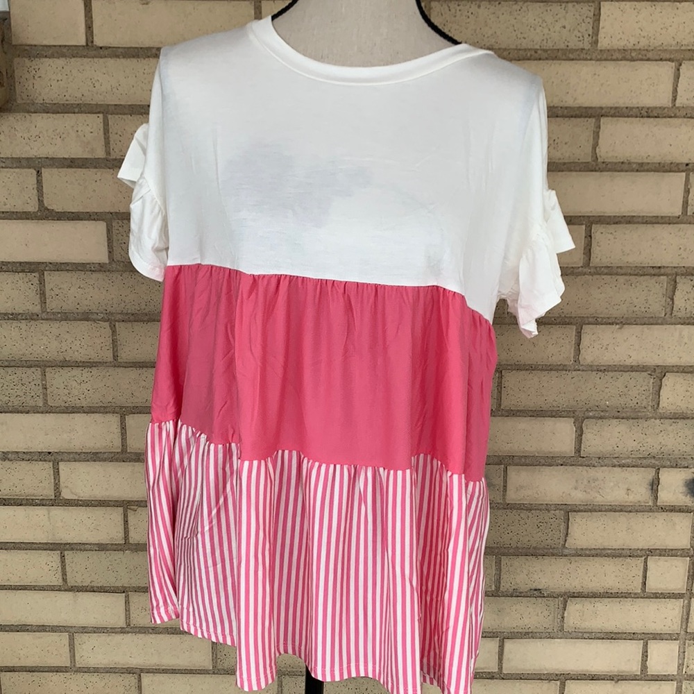 ❌DONATED❌Cherish Pink Rose Contrast Striped Short Sleeve Top - Picture 4 of 12